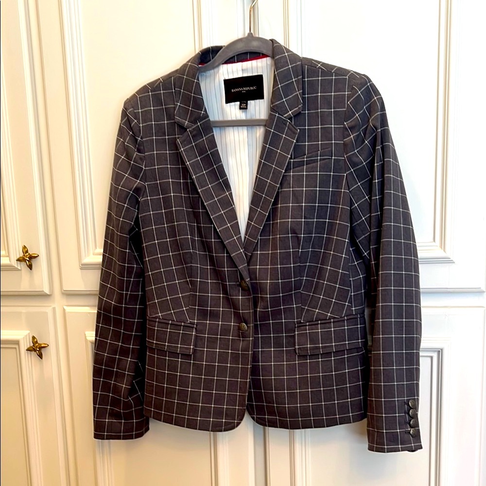 Banana Republic Gray and White Tailored Plaid Blazer